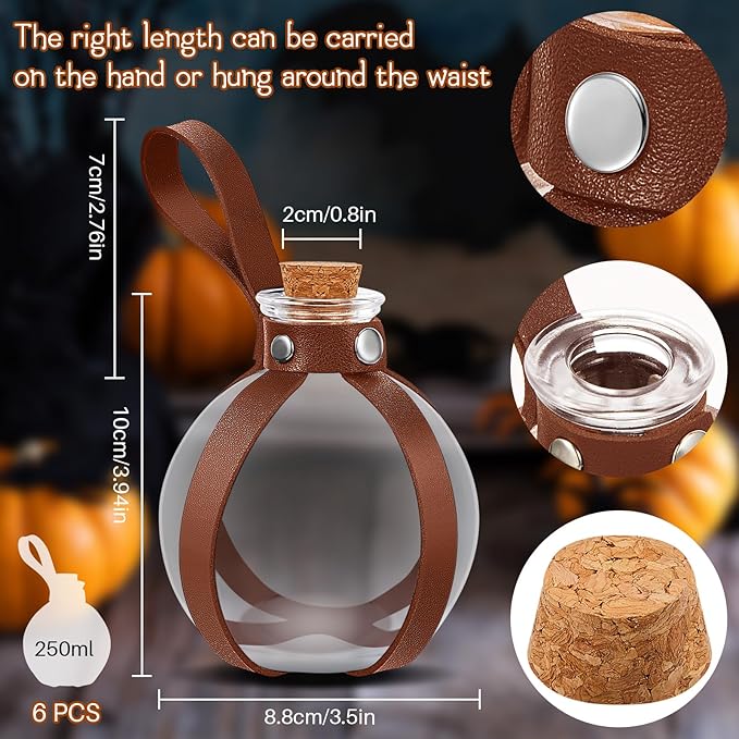 Patelai 6 Pcs Halloween Glass Potion Bottles with Belt Cork Renaissance Witch Costume Accessories Witch Props Potion Bottle for Halloween Party Decor Cosplay DIY Crafts Gift (Brown)-Ruum Studio Home