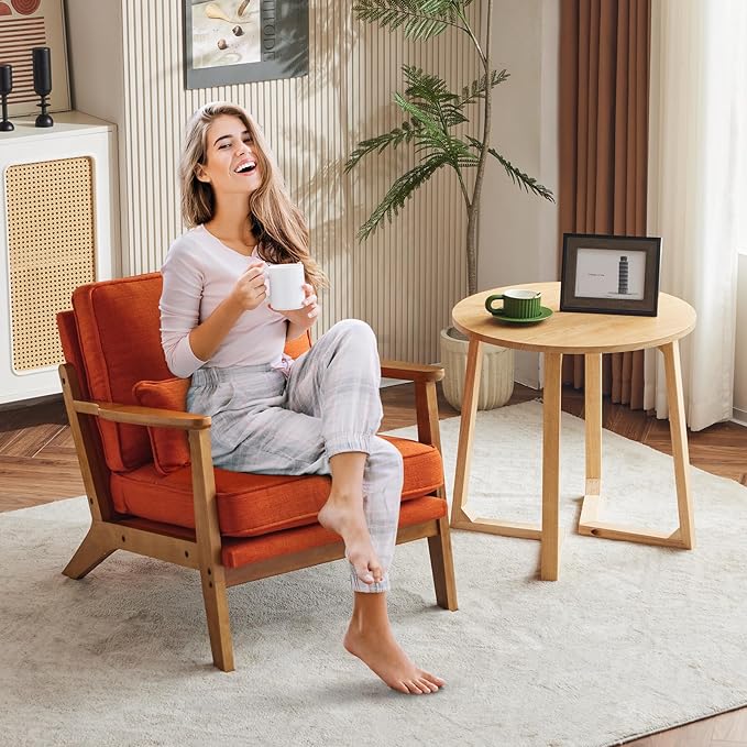 Karl home Accent Chair Wide Armrest Mid-Century Lounge Chair Linen Fabric Armchair with Lumbar Pillow & Solid Wood Frame for Living Room, Bedroom, Balcony, Burnt Orange-Ruum Studio Home