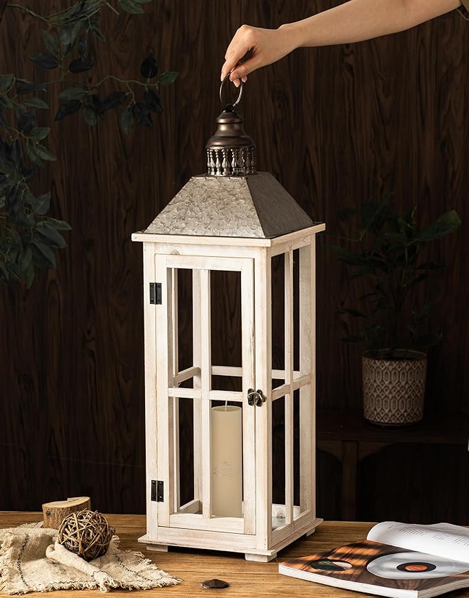 TIMRIS Large Rustic Wooden Decorative Lantern Set of 2, Modern Farmhouse Distressed Whitewash Floor Candle Lanterns, Indoor/Outdoor Hanging Lanterns for Home Decor (No Glass)-Ruum Studio Home