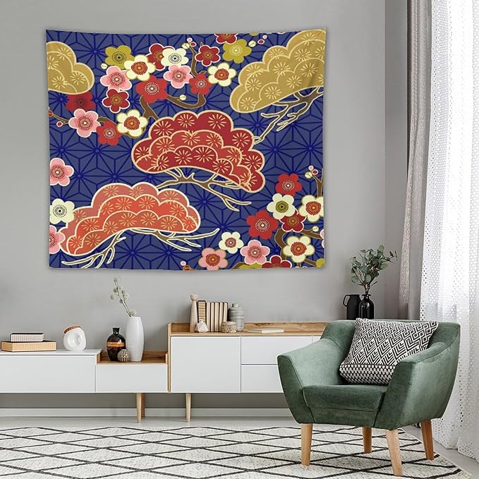 HZOHNAGO Japanese Tapestry Art Abstract Colorful Cherry Blossom Blue Background Pattern Printed Wall Tapestry Painting Wall Hanging for Bedroom Living Room Dorm 60" W x 50" H-Ruum Studio Home