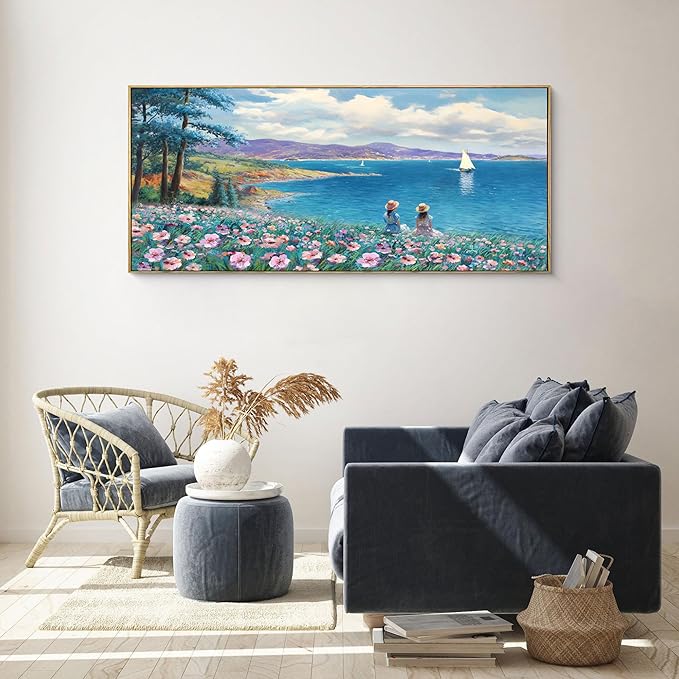 XLSJERST Large Landscape Wall Art - Blue Ocean Pink Flower Sailboat Mountain Tree Wall Decor Orange Frame Artwork for Wall Large Picture for Living Room Bedroom Home Office Decoration Size 29x58-Ruum Studio Home