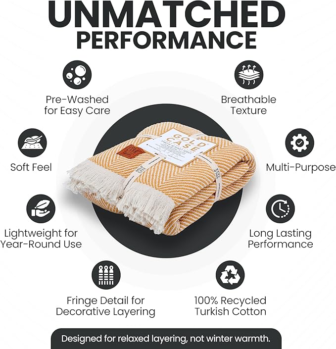Gold Case Throw Blanket for Couch – 100% Recycled Turkish Cotton Blankets & Throws – Elegant Decorative Throw Blankets for Living Room Sofa – Woven Throws for Couch – Elegant Mustard – 60x80-Ruum Studio Home