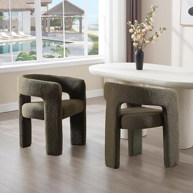 Green Sherpa Dining Chairs Set of 2, Modern Barrel Dining Room Chairs Upholstered Faux Fur Accent Chair with Arms and Round Back for Living Room Kitchen Armchair No Assembly Needed-Ruum Studio Home