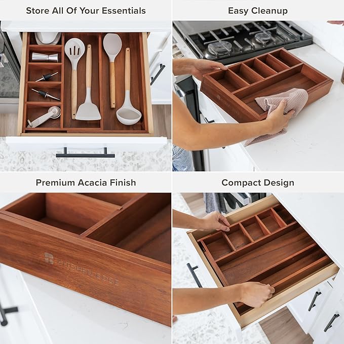 Adjustable Kitchen Drawer Organizer for Utensils and Junk, Food-Safe Contract Grade with 100% Sustainable Wood, Non-Slip, Expandable from 10.5 to 18.5 Inches Wide - Natural Acacia-Ruum Studio Home