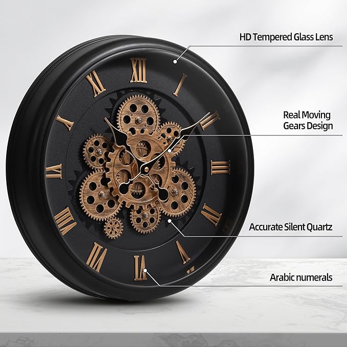 Maxstar Large Moving Gear Wall Clock,16" Vintage Mechanical Battery Operated Industrial Wall Clocks for Farmhouse Living Room,Home Office, Dinning Room, Kitchen, Steampunk Decor-Black,Roman Numeral-Ruum Studio Home
