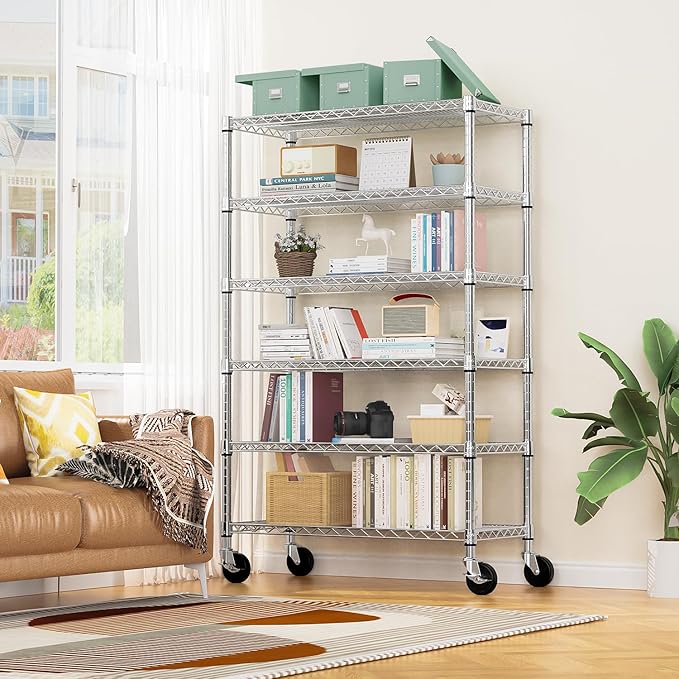 Steel Storage Shelving 6-Tier Utility Shelving Unit with Wheels, Steel Organizer Wire Rack for Home,Kitchen,Office,Garage,17.7" D x 47.2" W x 76.7" H-Ruum Studio Home