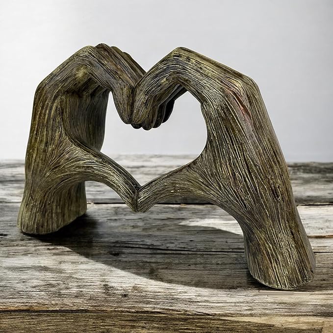 Top Brass Large Rustic Heart Hands Sculpture, 9 3/4” Resin Love Statue – Romantic Decor Accent for Shelf or Mantel – Perfect for Wedding, Valentine's Day or Anniversary (Rustic Wood Grain)-Ruum Studio Home
