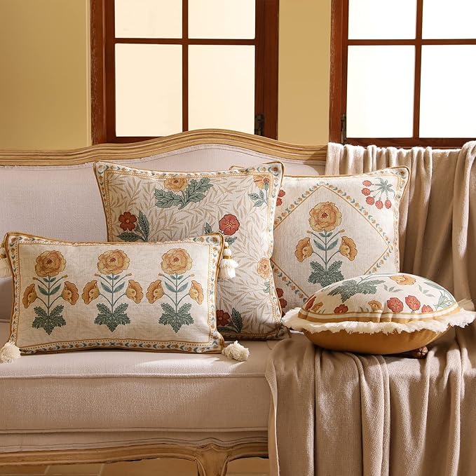 patdrea Designer Pack of 4 Throw Pillow Covers,Beige Vintage French Soft Linen Pillows Cover with Daisy Floral Pattern,Vintage Square Farmhouse Decorative Pillowcase for Couch,Bed,Living Room-Ruum Studio Home