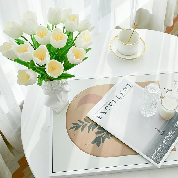 Mandy's Artificial Tulips 12 Stems White Partially Open PU Faux Flowers for Wedding Home Decor 13.5 Inch-Ruum Studio Home