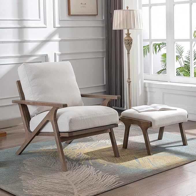 chairus 2 Sets Mid-Century Modern Accent Chairs with Ottoman, Linen Fabric Armchair with Wood Legs Comfy Upholstered Single Sofa Chair for Living Room/Bedroom/Lounge, White-Ruum Studio Home
