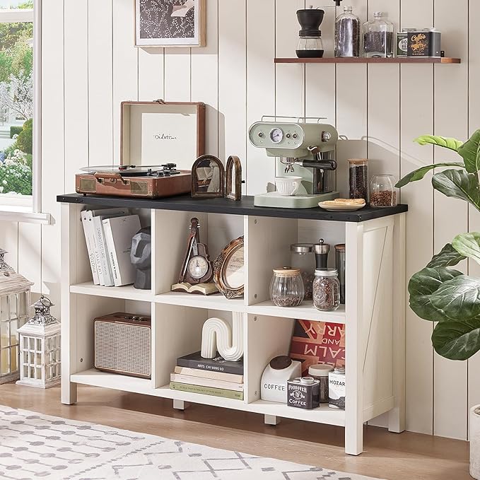 Farmhouse 6 Cube Bookshelf, Antique White & Black Wooden Storage Organizer Book Shelf, 47" Cubby Hallway Bookcase, Kids Toy Storage Cabinet, Modern Open Book Case for Living Room, Playroom-Ruum Studio Home