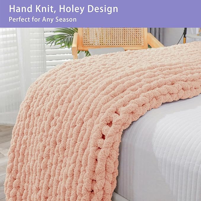 Bigacogo Chunky Knit Throw Blanket for Couch, 40x40 inches, 100% Hand Knitted with Thick Jumbo Chenille Yarn, Cozy Soft Large Rope Knot Cable Crochet Blankets for Sofa Bed Living Room, Peach Fuzz-Ruum Studio Home