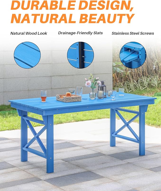 HDPE Outdoor Dining Table, 66.9” Rectangle Patio Dining Table for 6, All-Weather HDPE Outdoor Table with 2.2” Umbrella Hole, HDPE Patio Furniture for Deck, Backyard, Garden, Pool, Sky Blue-Ruum Studio Home