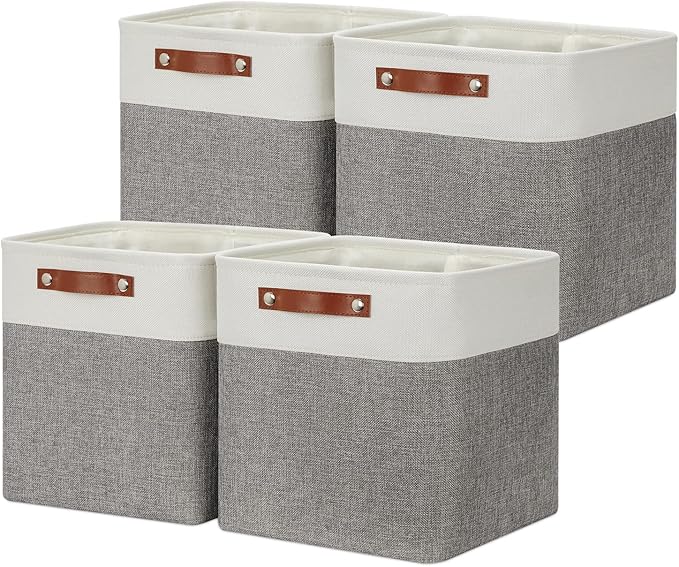 DULLEMELO [Set of 4 Storage Cubes Baskets for Organizing, 12 x 12 x 12 inch Cube Storage Organizer Bins with Leather Handles, Foldable Fabric Cloth Bins for Cube Storage(4 Pack - 12" White&Grey)-Ruum Studio Home