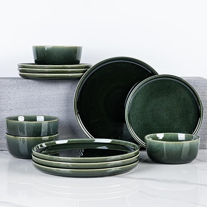 GBHOME Ceramic Dinnerware Sets for 6, 18 Pieces Stoneware Plates and Bowls Sets, Reactive Glaze Dishes -Scratch Resistant, Dishwasher&Microwave Safe, Earth Green-Ruum Studio Home