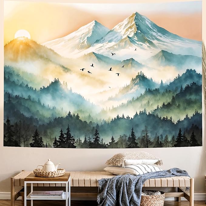 Delur Mountain Tapestry Boho Misty Sunset Forest Tree Tapestry Wall Hanging Sunrise Nature Landscape Psychedelic Headboard for Bedroom Living Room Home Decor (51.2" x 59.1")-Ruum Studio Home