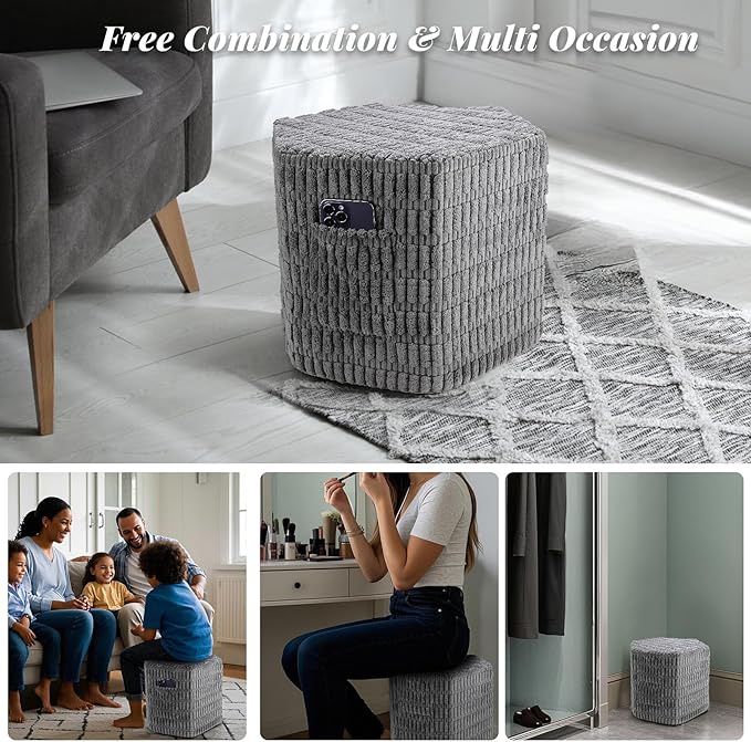 Hexagon Pouf Ottoman Stuffed with 2 Pockets & Handle, Comfort Corduroy Poufs, Non-Slip Foot Stool Storage Ottoman, Foam Floor Poufs Foot Rest for Couch, Bedroom (Gray)-Ruum Studio Home