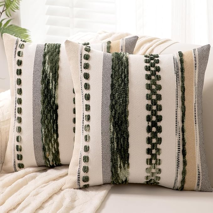 Boho Throw Pillow Covers 18x18 Set of 2 Christmas Decorative Cushion Case Striped Square Pillows Cover Chenille Pillow Cases Accent Neutral Pillowcase for Sofa Couch Bed,Dark Green-Ruum Studio Home