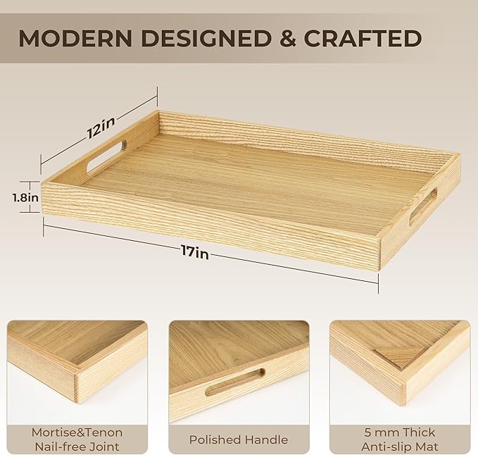Axeman Wooden Serving Tray with Wood Handles|Ottoman Tray for Breakfast, Bed, Couch|17x12in Ash Wood Coffee Table Trays|Food Drinks Decorative Storage Boards for Ottoman Kitchen, Natural-Ruum Studio Home