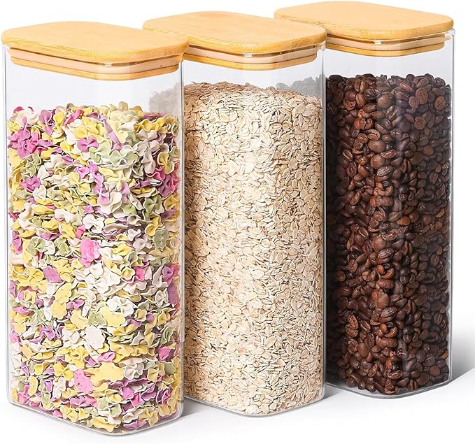 ComSaf 2 Qt Rectangle Glass Storage Containers with Lids, Glass Jars with Bamboo Lids, Clear Food Jar, Square Canister Set of 3, Pantry Organizers and Storage for Flour Pasta Coffee Bean-Ruum Studio Home