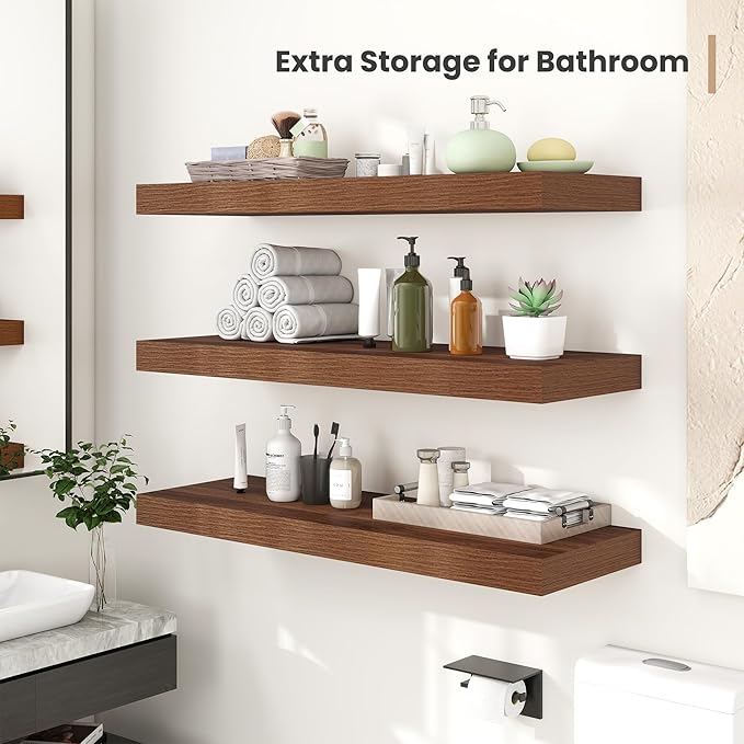 Heimlove 24 x 12 Inch Deep Floating Shelves Wall Mounted with Invisible Brackets,Storage Hanging Shelf for Wall Decor in Bathroom, Bedroom, Toilet, Kitchen, Living Room, Office Set of 2 (Walnut)-Ruum Studio Home