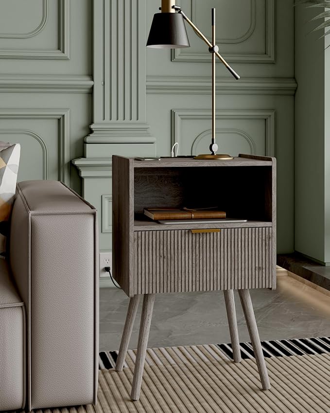 Nightstand,Modern Bedside Table with Storage Drawer and Open Wood Shelf, Accent Night Stand with Solid Wood Legs for Living Room, Bedroom and Small Spaces,Easy Assembly (Grey Oak-Outlet)-Ruum Studio Home