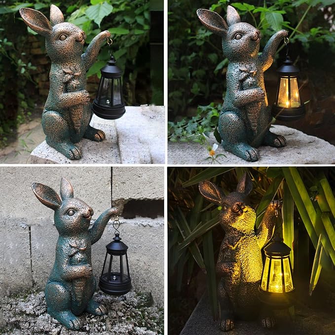 Solar Garden Statues -Rabbit Lantern Outdoor Handmade Resin Statue with LED Light, Cute Carrot Holder for Patio, Yard, Gift Ideas (rabbit2)-Ruum Studio Home