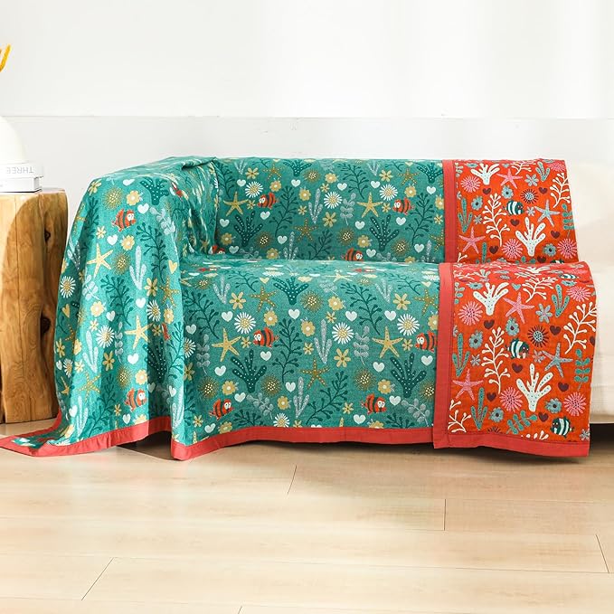 Boho Throw Blanket, 100% Organic Cotton Skin-Friendly Breathable Ultra Soft Bed Quilt Throw - All Season Blue & Red FishFarmhouse Decor Blanket for Sofa Couch Chair and Gift. 60" x 80"-Ruum Studio Home