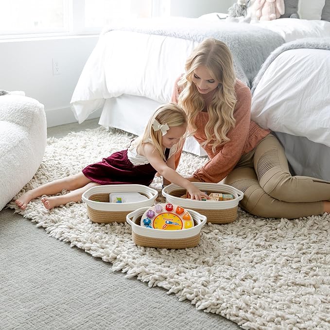 NaturalCozy 5-Piece Rectangle Storage Basket Set- Natural Cotton Rope Woven Baskets for Organizing! Small Basket for Montessori, Baby Nursery, Dog Toy Baskets, Cat Toy Box, Bathroom Organization Bin-Ruum Studio Home