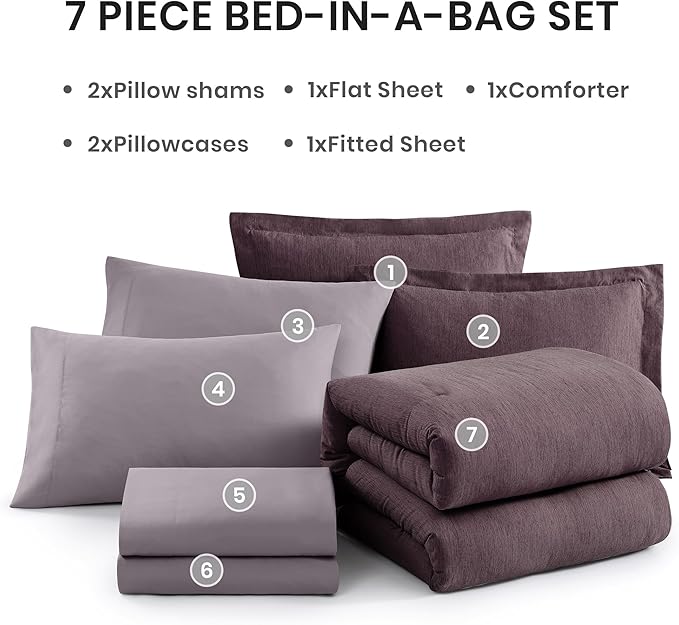 Monbix Queen Comforter Set - 7 Pieces Cationic Dyeing Italian Plum Bed in a Bag Queen Bedding Sets with Comforter, Sheets, Pillowcases & Shams, Reversible Bedding Comforters Sets-Ruum Studio Home