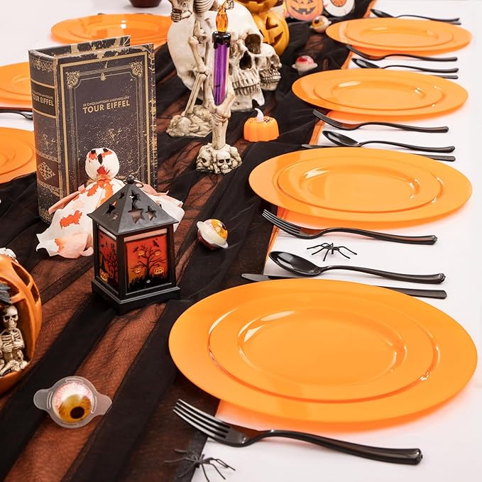 FLOWERCAT 60PCS Orange Plates - Heavy Duty Orange Plastic Plates Disposable for Halloween & Thanksgiving Party - Serve 30 Guests 10.25inch and 7.5inch-Ruum Studio Home