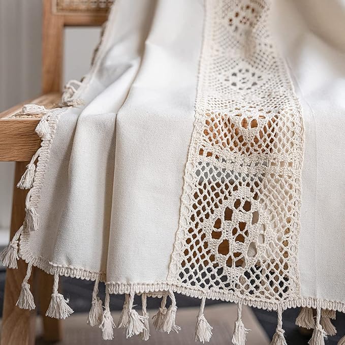 Sutuo Home Boho Curtain Crochet Lace Patchwork Semi-Blackout Bohemian Handmade Tassels, Rod Pocket Window Treatment Vintage Rustic Farmhouse Drapes for Bedroom, 1 Panel 59" W x 108" L, Beige-Ruum Studio Home