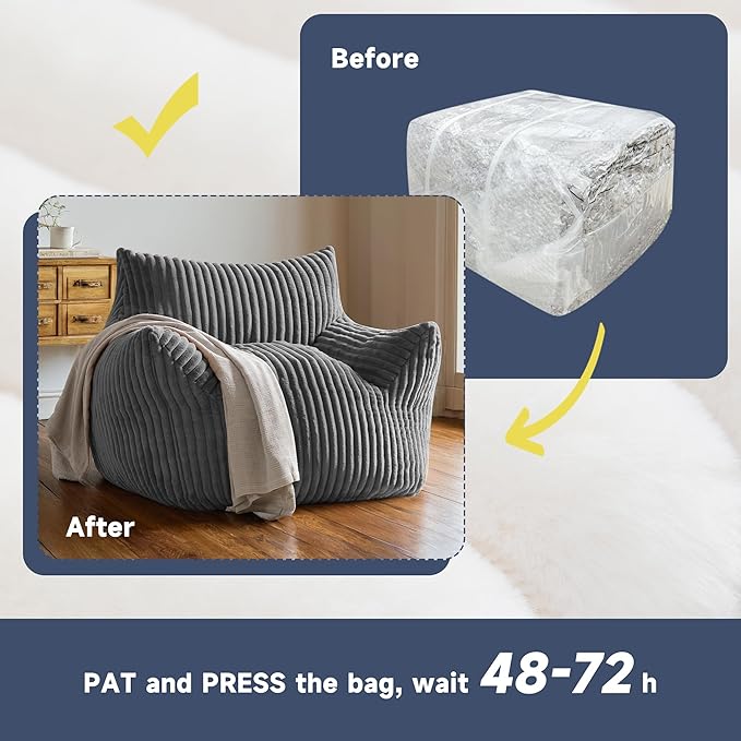Oversized Bean Bag Chair for Adults, Giant Comfy Plush Boneless Bean Bag Couch with Filler for Kids - Reading Chair for Living Room, Bedroom & Dorm, Single Accent Chair Floor Lounger, Gray-Ruum Studio Home