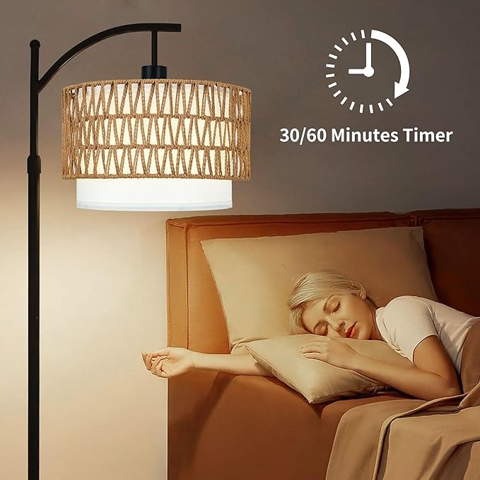 Arc Floor Lamp with Table and Shelves,Rattan Boho Floor Lamp with Remote Control,Rustic Floor Lamps for Bedroom Wicker Standing Lamp with 3 Color Temperature Tall Lamp for Living Room Corner-Ruum Studio Home
