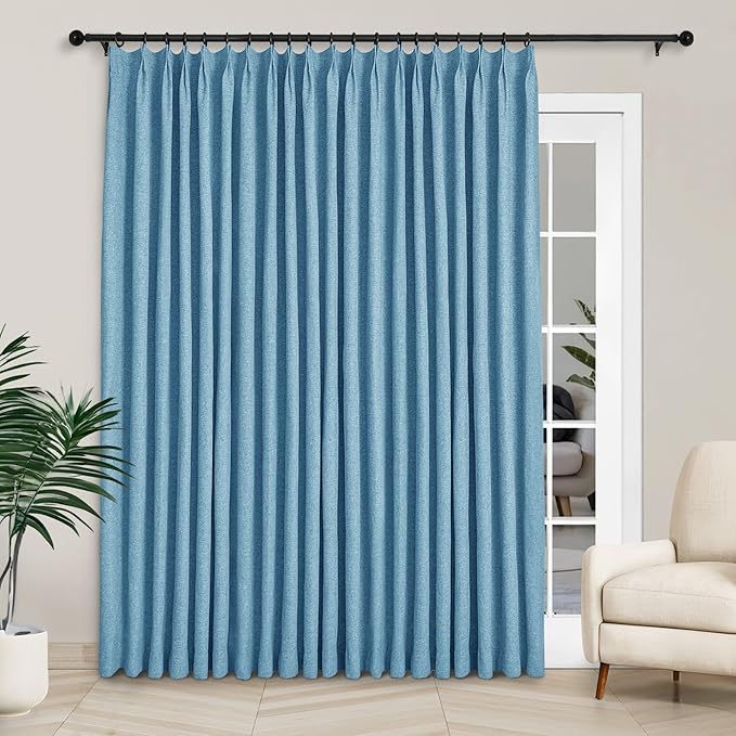 Macochico 100”Wx102”L 100% Blackout Pinch Pleated Linen Curtains for Sliding Door Bedroom Living Room Farmhouse Thermal Insulated Blue Burlap Drapes with Tieback 1 Panel Shabby Chic Style-Ruum Studio Home