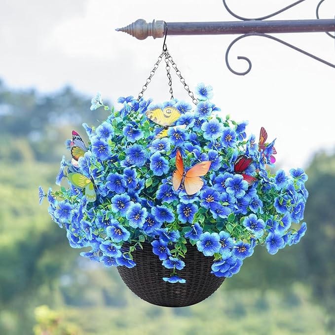 ‌20 Bundles Artificial Flowers for Outdoors‌ with 6 Faux Butterflies, UV Resistant ‌Fake Flowers‌ with Eucalyptus Leaves, ‌Artificial Plants Outdoor‌ for Patio Garden Porch Home Decor (Blue)-Ruum Studio Home