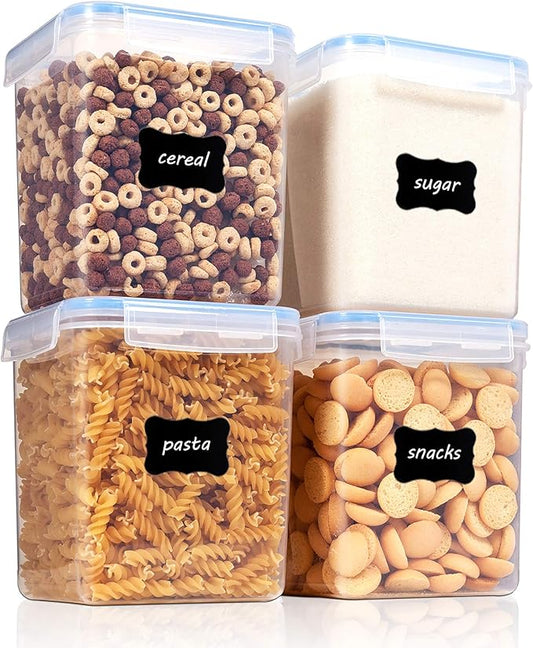 Vtopmart Food Storage Containers 2.5L / 84.5oz, 4 Pieces BPA Free Plastic Airtight Canister for Flour, Sugar, Baking Supplies, with 4 Measuring Cups and 24 Labels, Blue-Ruum Studio Home