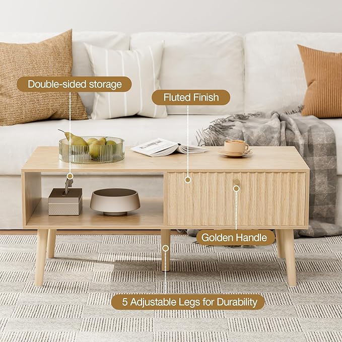 Coffee Table with Storage, Boho Dining Table with Fluted Drawer and Solid Wood Legs, Small Coffee Tables for Living Room, Oak-Ruum Studio Home