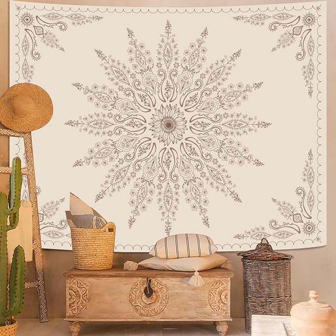 Fowocu Boho Floral Mandala Tapestry for Bedroom Aesthetic Bohemian Flower Wall Tapestry Beige Hippie Indian Extra Large Tapestries Wall Hanging for Living Room Dorm Decor 90 x 68 Inch-Ruum Studio Home