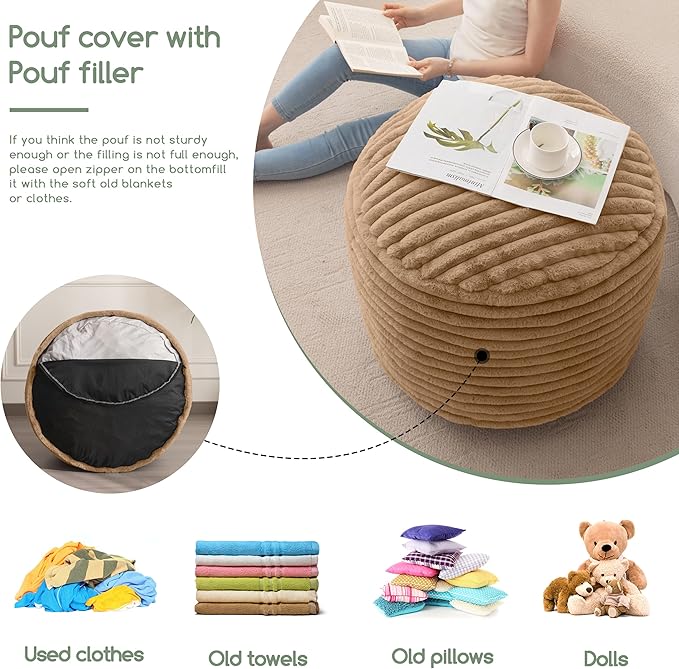 HIGOGOGO Round Stuffed Pouf Ottoman, Stripe Faux Fur Poufs with Foam Chunk Filling, Furry and Fluffy Pouf Foot Stool Storage Ottoman, 26 X 18 Floor Poufs Foot Rest for Living Room, Brown-Ruum Studio Home