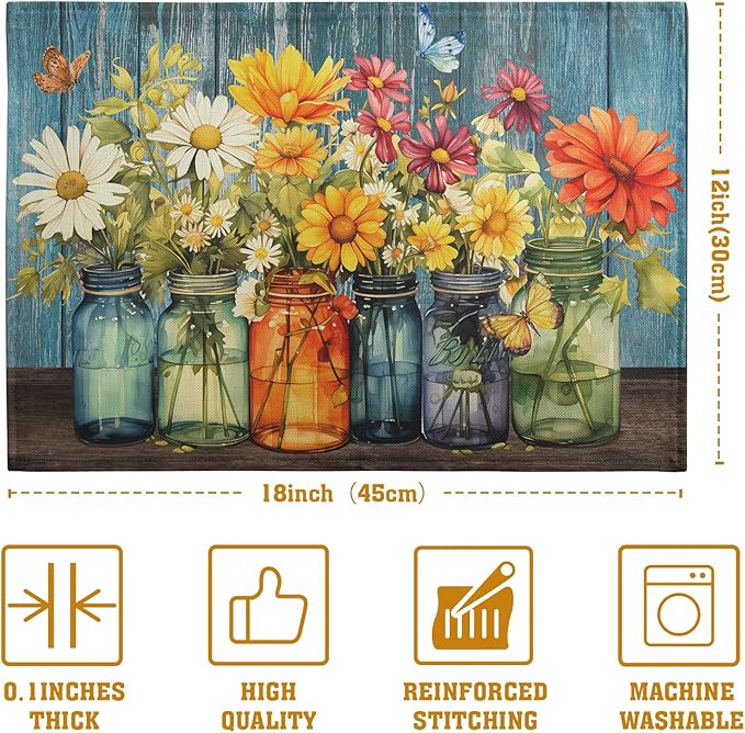 Rustic Daisy Placemats Set of 4 Vintage Flower Vases Wood Grain Linen Table Mats 12x18 Inch Summer Floral Wooden Board Farmhouse Washable Place Mat for Party Kitchen Dining Outdoor Indoor Decor-Ruum Studio Home