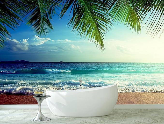 WFBHUA-Large Beach Scene Wallpaper Mural Dusk Waves Wall Murals for Bathroom Living Room Bedroom(Not Peel and Stick)-Ruum Studio Home