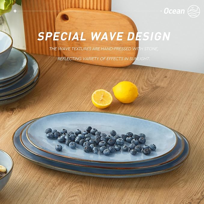 famiware Serving Platter, Oval 15.59/14.3/12.9inch Serving Dishes for Entertaining, Serving Bowls, Reactive Glaze, Stoneware Serving Trays for Party, Food, Turkey, Cheese, Ocean Series, Blue-Ruum Studio Home