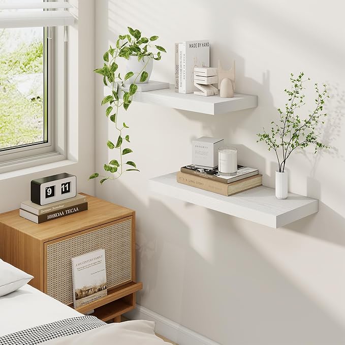 Fun Memories 24 Inch Floating Shelves for Wall, 9 Inch Deep White Rustic Wood Wall Mounted Shelves for Bathroom, Kitchen, Living Room, Set of 2-Ruum Studio Home
