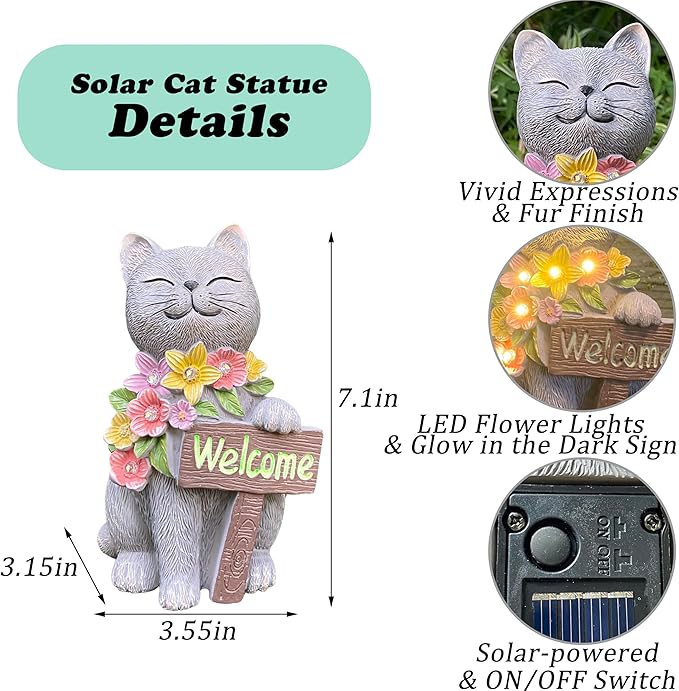 Solar Cat Garden Statue for Outdoor Decor, Cat Solar Light with Flowers, Resin Welcome Cats for Garden, Yard, Lawn Decor, Cats Lover Gifts for Women-Ruum Studio Home