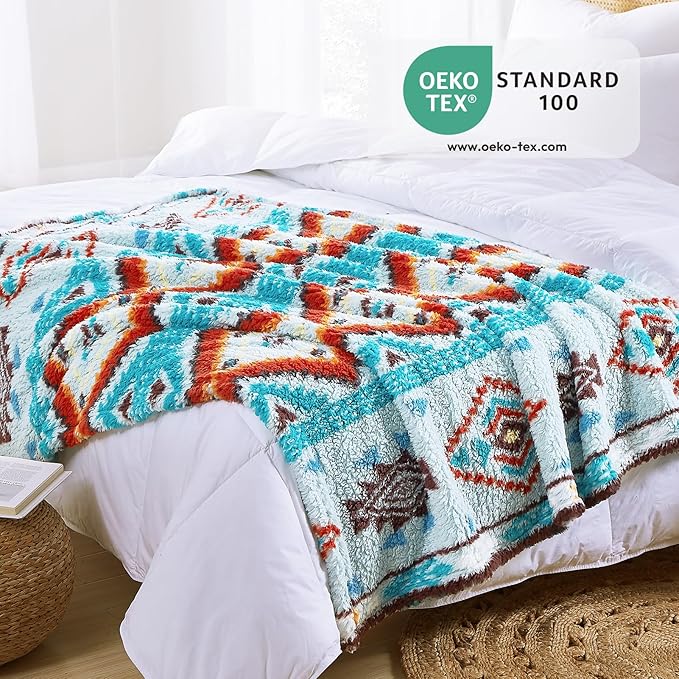 CASAAGUSTO Boho Sherpa Throw Blanket, Aztec King Size Blanket, Ultra Soft, Warm, Cozy, Plush, Thick Fleece Bohemian Throw Blanket for Couch, Bed, Sofa (Aqua 108 * 90 Inch)-Ruum Studio Home