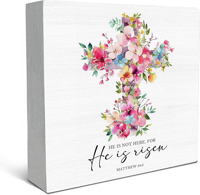 SRADMO He Is Risen Sign, Floral Cross Easter Christian Wood Box Sign Desk Decor, Christian Easter Decorations, Easter Theme Wooden Block Box Decoration for Home Office Shelf Table Decor-Ruum Studio Home