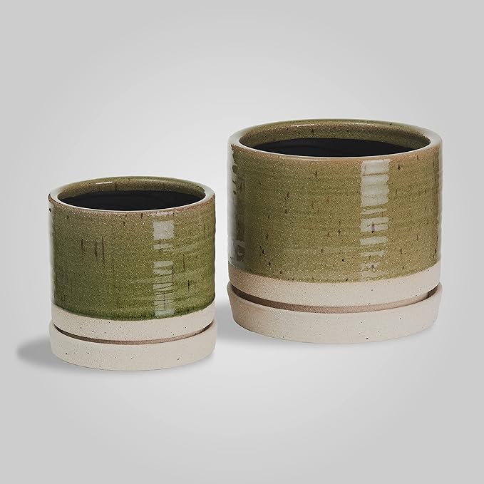 6 + 8 Inch Plant Pots, Ceramic Planter Pot with Drainage Hole & Saucer, Indoor/Outdoor Cylinder Round Planter Pot, Green-Ruum Studio Home