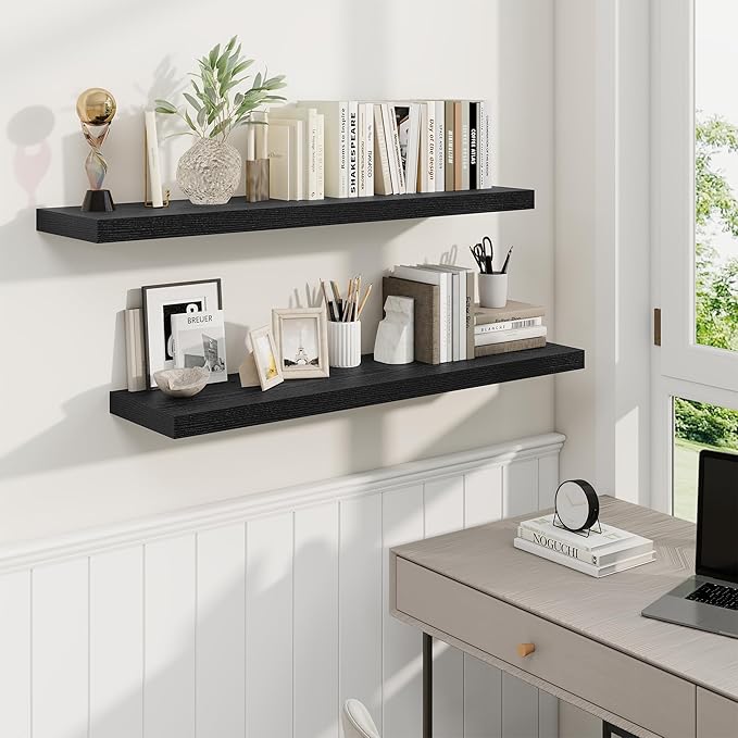Fun Memories 40" Rustic Wood Floating Shelves with Invisible Brackets for Storage & Decor, Deep Wall Mounted Shelves for Bathroom, Kitchen, Living Room (Black, Set of 2)-Ruum Studio Home