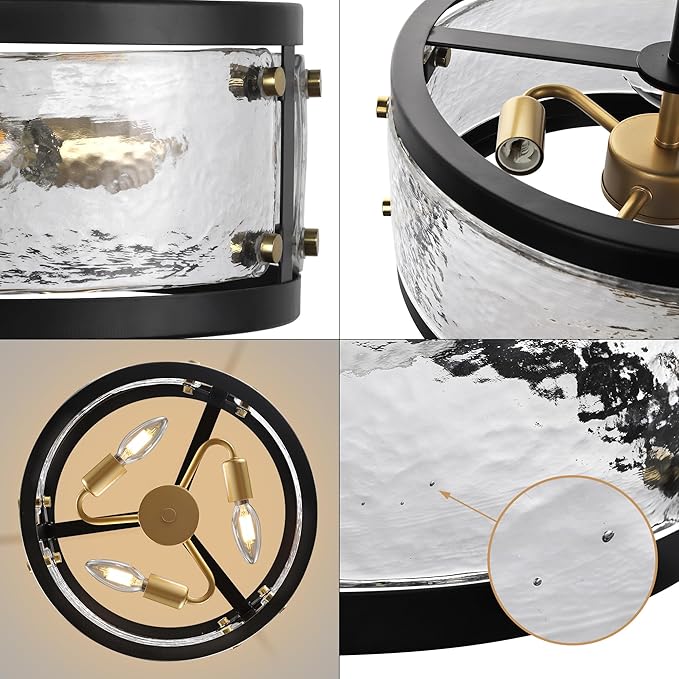 13" Industrial Drum Glass Chandelier, 3-Light Rustic Hanging Pendant Lights, Metal Round Lighting Fixture for Dining Room Foyer Entryway Hallway Bedroom, Clear Waterglass Drum Shade-Ruum Studio Home